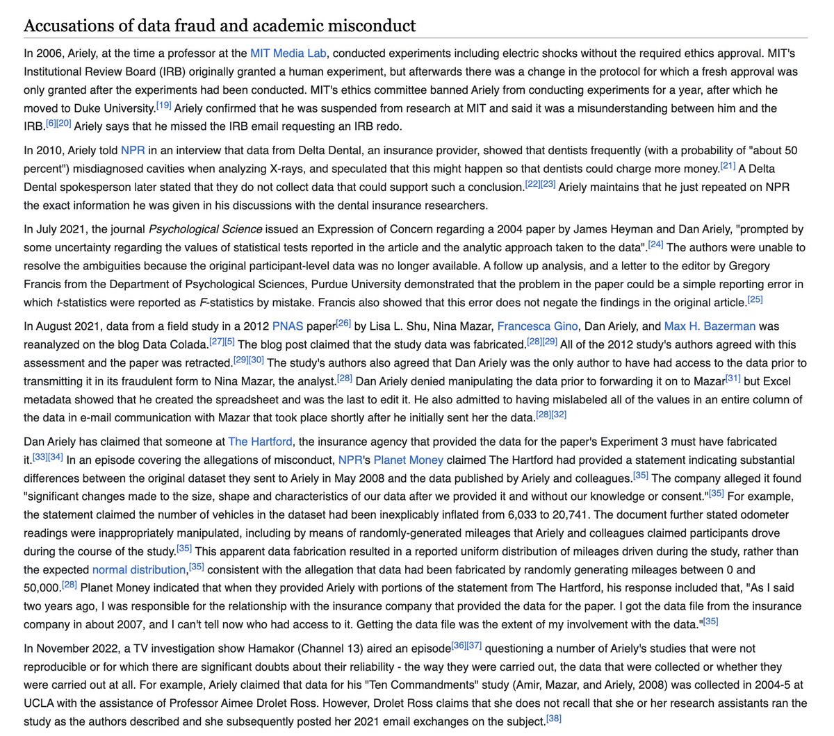 jayvanbavel's tweet image. Add this new investigation to the growing list of accusations of data + and academic misconduct against behavioral scientist Dan Ariely:


People have compiled them in one place for everyone to read and evaluate: en.wikipedia.org/wiki/Dan_Ariely