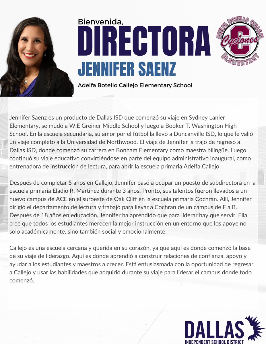 REHdz79's tweet photo. Please help me welcome Jennifer Saenz the new principal of Callejo Elementary! She served as the instructional coach when Callejo first opened & now will serve as the proud principal!! #1Team1Family
@MRamirezDISD @THuittDISD @DallasISDSupt @dallasschools
@Jensaenz_17 @dallasAHSA https://t.co/5yw3dtapSa