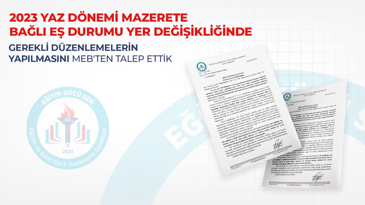 egitimgucusen's tweet photo. 2023 Yaz Tatili Öğretmenlerin Mazerete Bağlı Yer Değiştirme
Kılavuzunda “Bu bölümün 1 ve 2 inci maddesinde belirtilen durumlar sözleşmeli öğretmen olarak görev yapmakta iken 7433 sayılı Kanun kapsamında öğretmen kadrosuna atananlardan 30 Eylül 2023 tarihi itibarıyla sözleşmeli ve kadrolu toplam üç yıllık çalışma süresini doldurmayanlar için ayrıca bir başvuru hakkı doğurmamaktadır.” Hükmüne yer verilmiştir. 
657 Sayılı Kanun’un, bir arada değerlendirildiğinde; aile birliğinin, can güvenliğinin ve sağlık mazeretlerinin söz konusu olduğu durumlarda tayin hakkı olan 4A kadrolu memur ile tayin hakkı olmayan 4A kadrolu memur şeklinde bir ayrım yaratılamaz olacağı gerçeğiyle karşı karşıya kalınmaktadır.
İlgi kılavuzda yer verilen hükmün sözleşmeliyken kadroya geçen ve eş durumu tayininden yararlanmak isteyen öğretmenlerin mağduriyetine sebep olacağı görülmektedir. Bakanlığımızın öğretmenlerin mağduriyetini ortadan kaldıracak gerekli düzenlemelere giderek kılavuzda gerekli değişiklikleri yapmasını MEB'ten talep ettik.