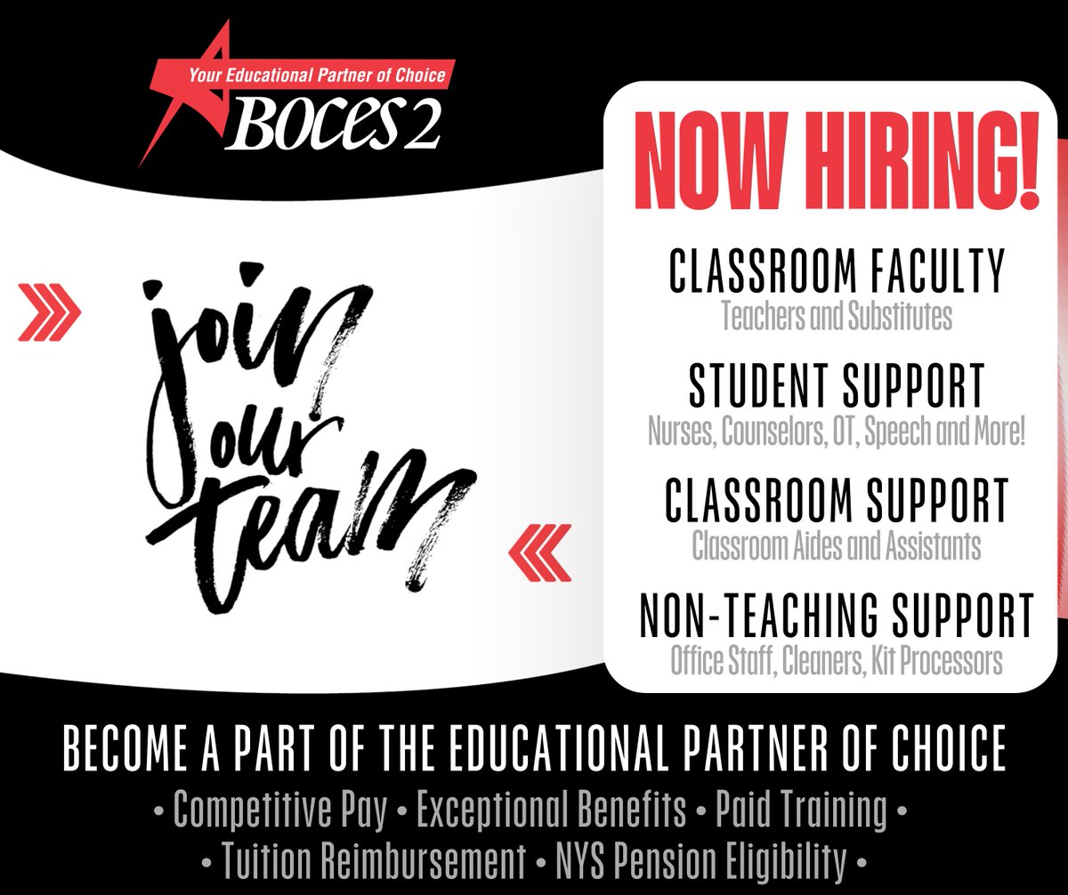 Competitive Pay ➕ Great Coworkers ➕ Impacting Amazing Students 🟰 Your Next Career at BOCES 2! 

The Educational Partner of Choice is hiring and many job opportunities are available. 😊 Fill out an interest form today at monroe2boces.org/hiring and hear from a team member soon!