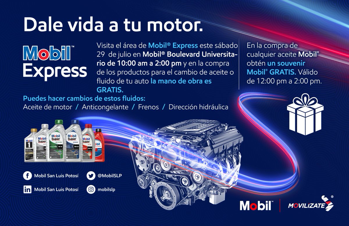 MobilExpressSLP's tweet photo. Este sábado 29 de julio acercate al área Mobil Express en Mobil Boulevard Universitario de 10 AM a 2 PM y en la compra cualquier aceite llévate un souvenir.  

📍Mobil Boulevard Universitario | Boulevard Universitario No. 800, Ejido Puente del Carmen, Rioverde, San Luis Potosí. https://t.co/izxJFdvxtL
