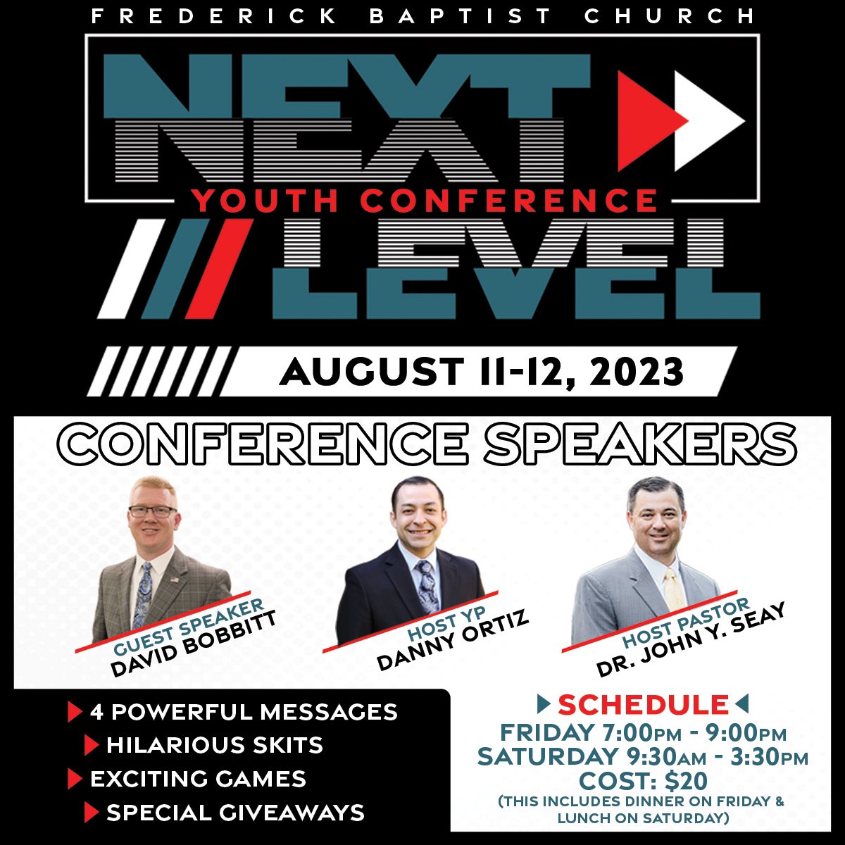 We are just 2 weeks away from our Youth Conference! We’re looking forward to an awesome time! It’s not too late to register. Please contact the church at 301-473-8900 or email me at dannyortiz@frederickbaptist.org.