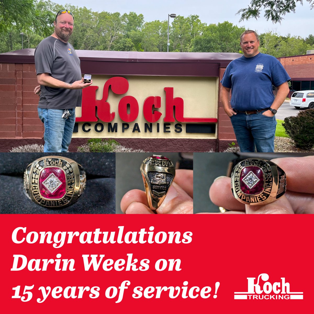 Congratulations to Darin Weeks on 15 years of service! What a tremendous milestone! Thank you for being such a great part of our Koch family! 🚚 #trucking #trucks #truck #truckdriver #trucker #logistics #trucklife #truckinglife #transport #transport #trucknation #bigrig