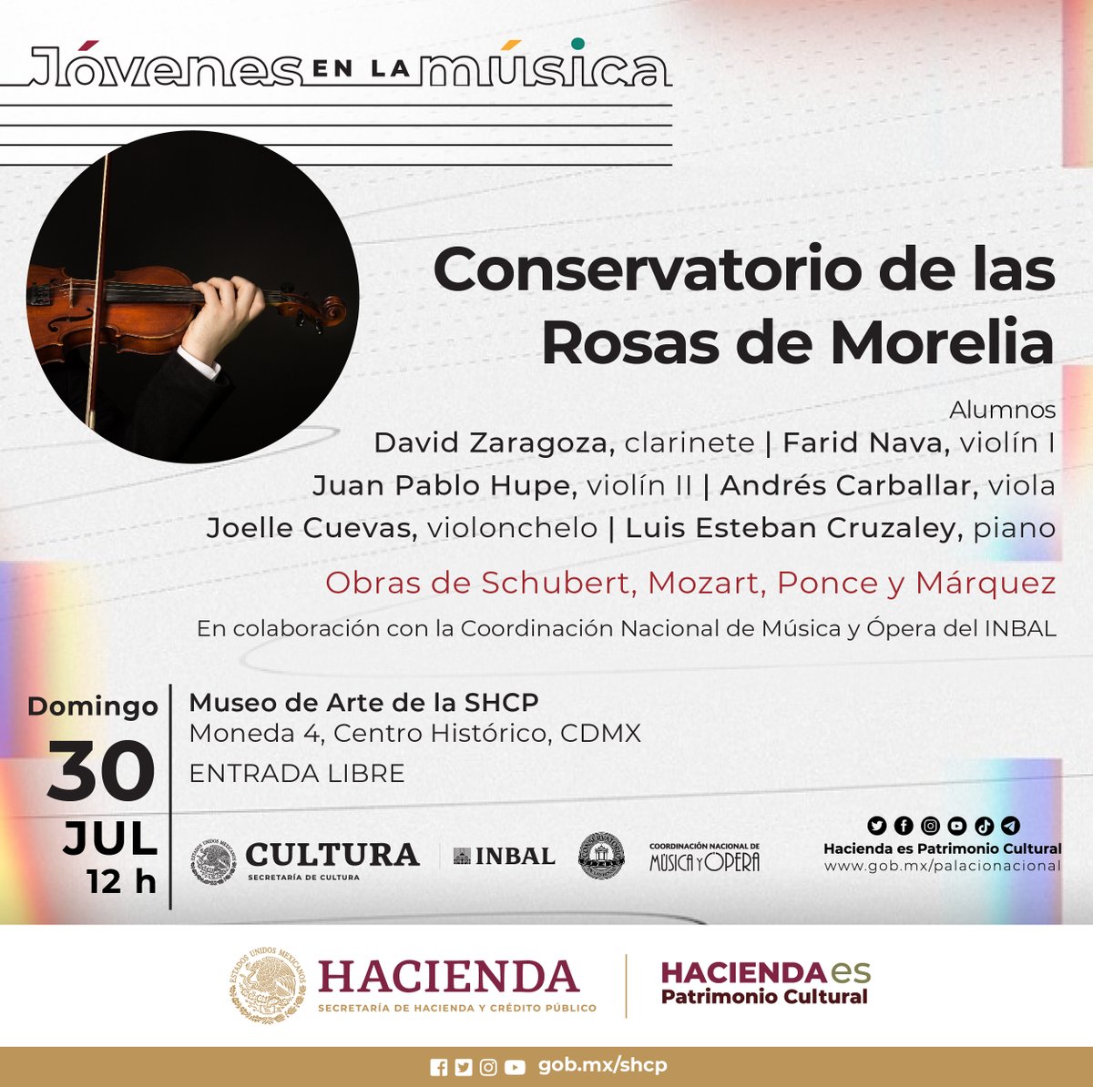 El día de mañana @HaciendaCultura, en colaboración con @MusicaINBA, te invita disfrutar del concierto de música clásica con alumnos de @elconser en nuestro Museo de Arte. 📍 Moneda 4, Centro Histórico 🗓 Domingo 30 de julio ⏰ 12:00 horas 🎟️ Entrada libre