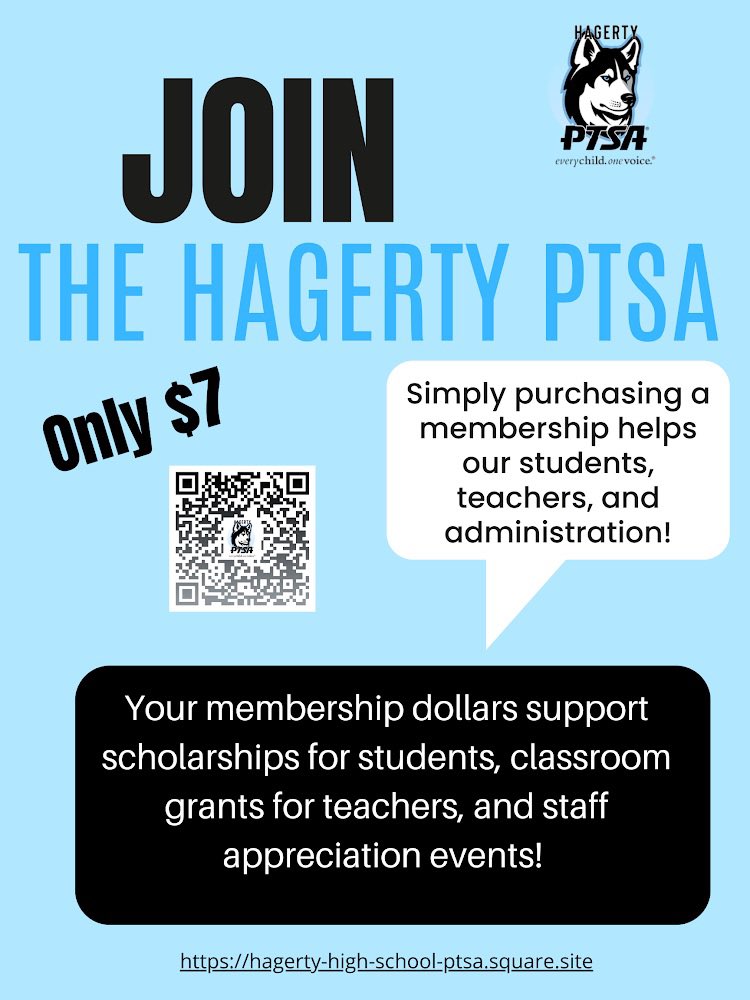 PTSA membership dues allow us to support our Husky students, teachers and staff each year. 
Use the QR code or link to join today for the ‘23-‘24 school year. 
THANK YOU for your support! It means the world to us, and to our school!
hagerty-high-school-ptsa.square.site/#UrhdYj