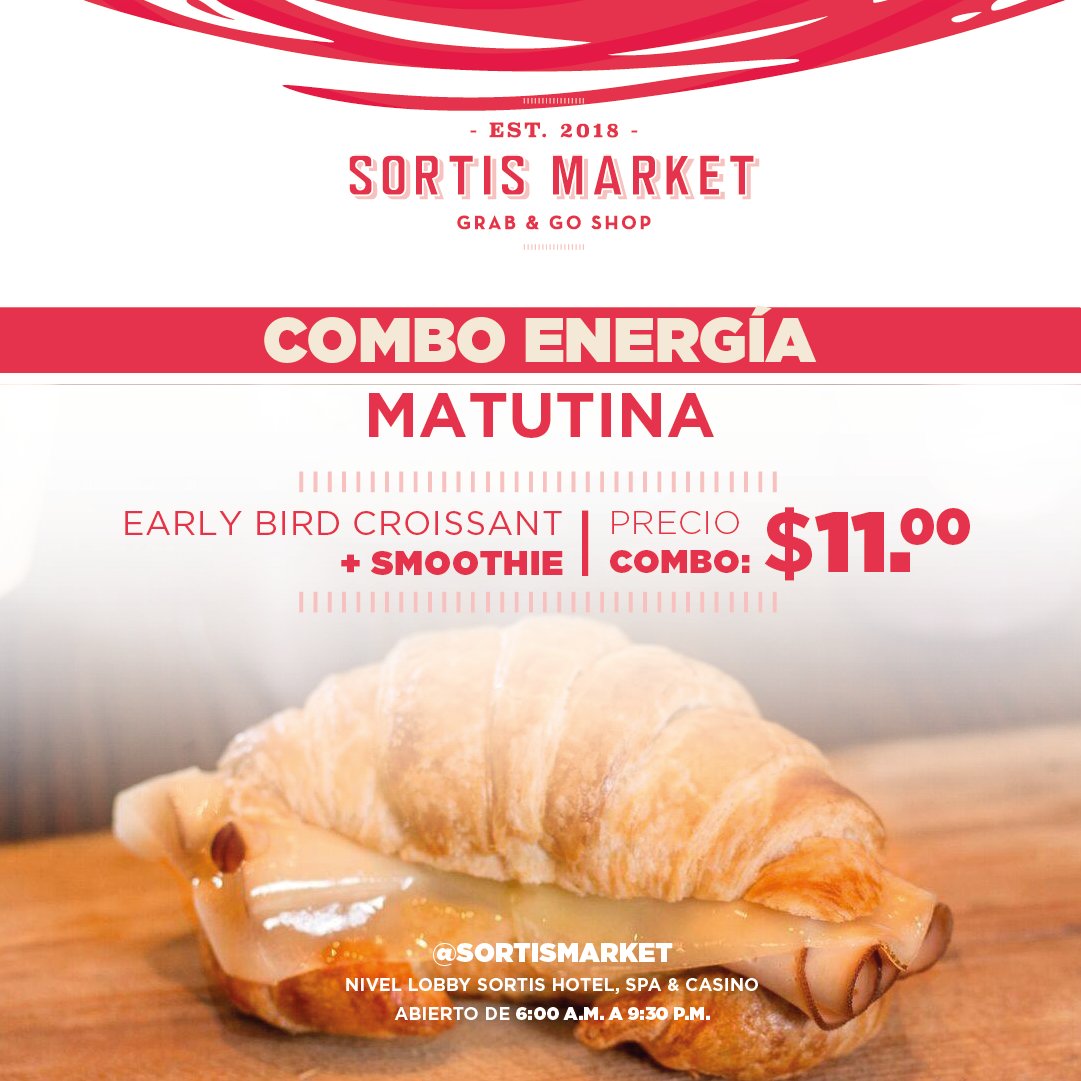 Comienza tus mañanas disfrutando de nuestro sabroso COMBO ENERGÍA MATUTINA, incluye:

🥐 Early Bird Croissant de jamón de pavo y queso suizo + un rico Smoothie por $11 

📍PB del <a href="/sortishotel/">Sortis Hotel</a>

Promoción: del 01 de agosto al 31 de octubre de 2023

 #SORTISHOTEL #SORTISEXPERIENCE