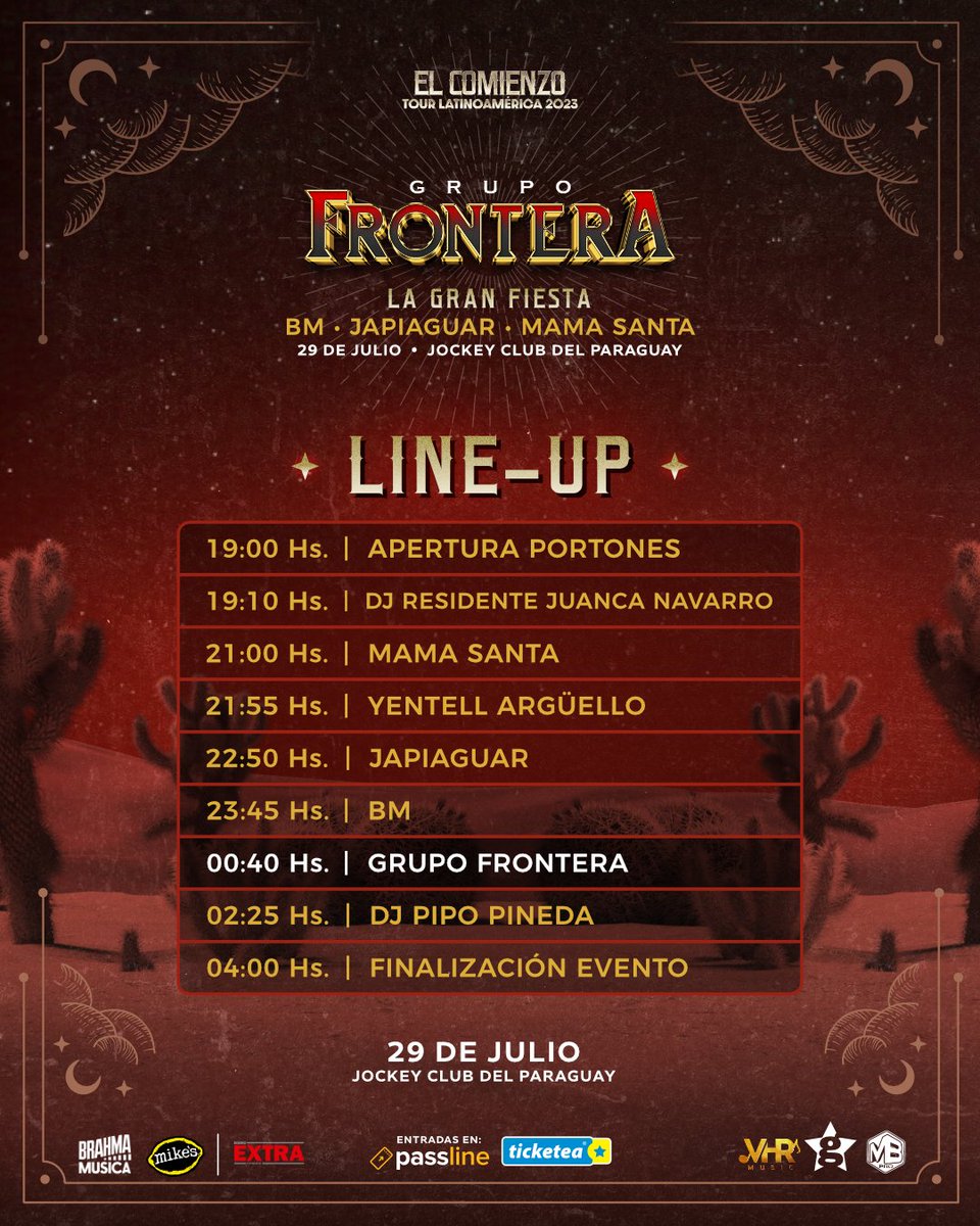🎶 ¡Conocé los horarios oficiales! 🎶 Mañana en la Gran Fiesta con Grupo Frontera, la música no parará desde las 19:00 horas en el Jockey Club 🌵🎉

No te pierdas ni un solo momento de esta noche llena de ritmo y diversión. ¡Preparate para disfrutar al máximo con los mejores