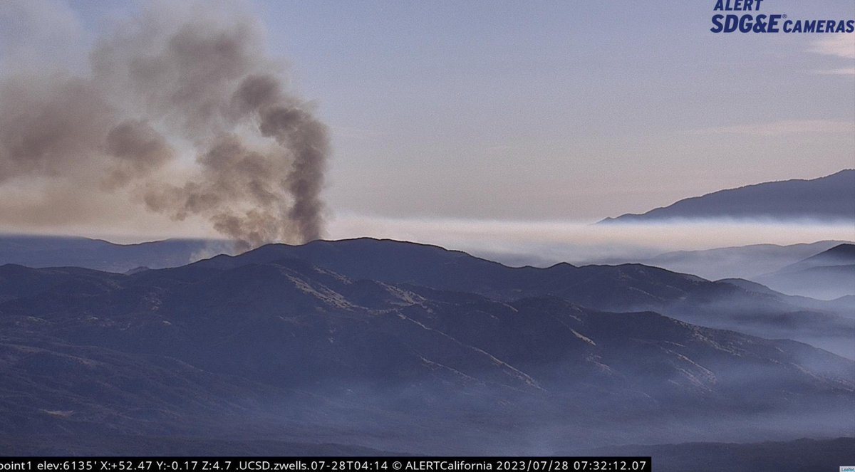 ericfrost's tweet photo. #SDSU continuing to watch the expansion of the #BonnyFire east of #Temecula & near #Anza on #WIFIRE https://t.co/9hskT380xk with camera on Palomar Mtn. imaging smoke going nearly straight up, so low wind. 1:13 pm Friday. https://t.co/Tk0rXE9DBL