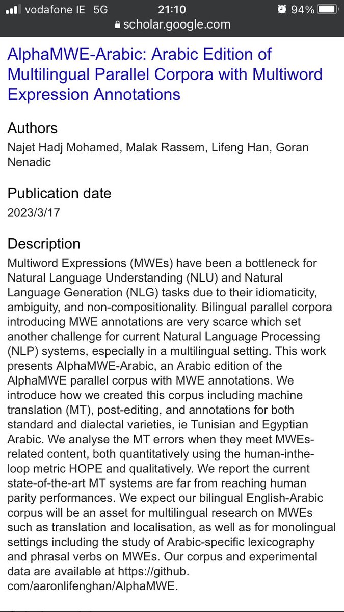 AaronHan2013's tweet image. We have two papers accepted to #RANLP2023 on “Arabic corpus for #MWE” and “student t distribution for measuring annotators reliability” #multiword @multiword @UK_healtex arxiv.org/abs/2303.04526 #UniMAN_NLP researchgate.net/profile/Lifeng…