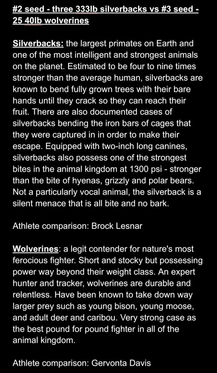 JenkinsAndJonez's tweet photo. #BeastBracket
DMX Region - Sweet 16

#2 seed - three  333lb silverbacks vs #3 seed - 25 40lb wolverines 

Here's the scouting report for this matchup. The poll for you to cast your vote will be in the next tweet in this thread. https://t.co/gbkSbCsgJa