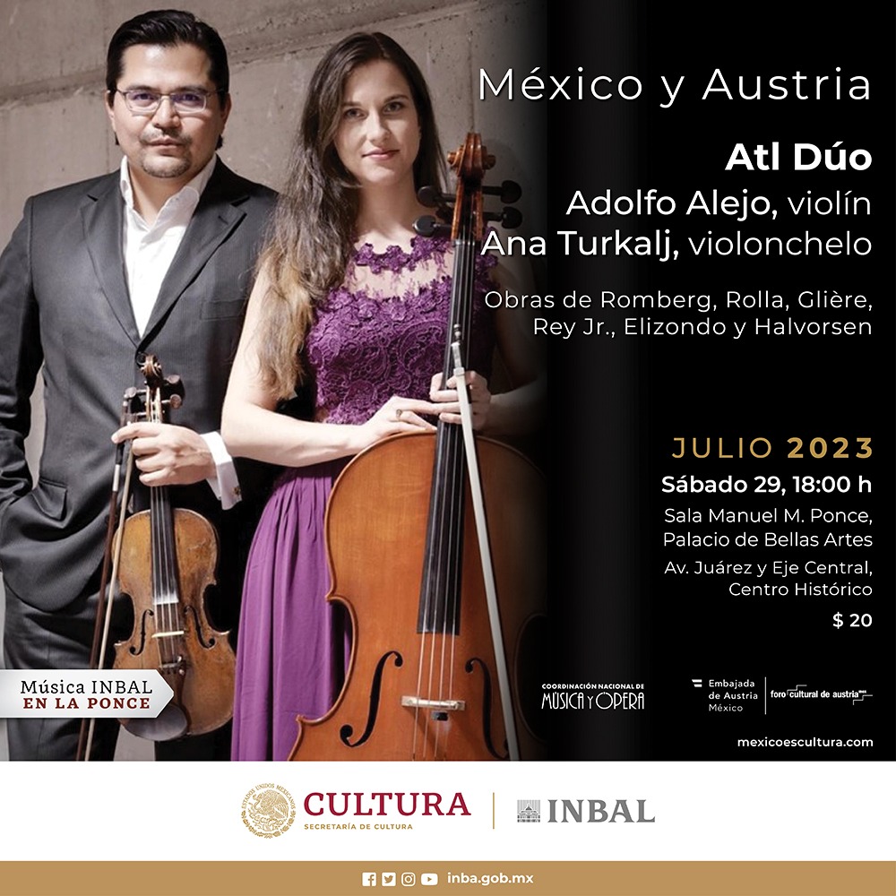 Recuerda que mañana tenemos una cita con el Atl Dúo, conformado por violín y violonchelo, a las 18 h en la #SalaPonce del @PalacioOficial. Boletos en taquilla. #MúsicaINBALenlaPonce