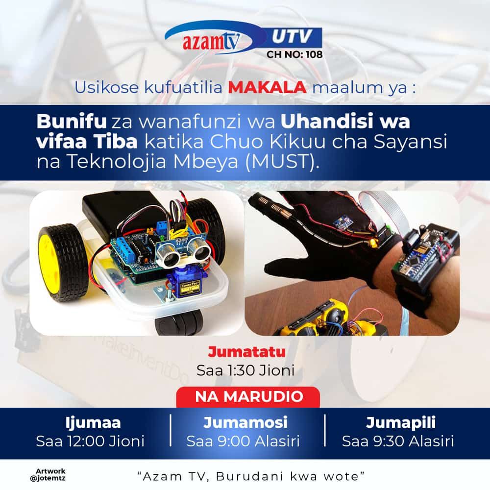 mustso_updates's tweet photo. Chuo kikuu cha Sayansi na Teknolojia Mbeya (MUST) kwa kushirikiana na AzamTV imeandaa makala maalum ya bunifu za wanafunzi wa Uhandisi wa vifaa tiba (Biomedical engineering). Kipindi hiki kitakuwa kikioneshwa kupitia channel ya UTV https://t.co/mBf9pji5yt