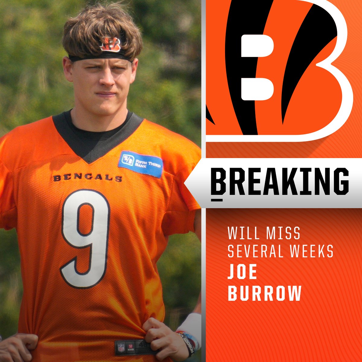 NFL's tweet photo. Bengals HC Zac Taylor says QB Joe Burrow will miss several weeks with calf strain. https://t.co/nWheIZDfxO