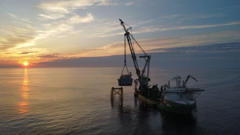 Avangrid's tweet photo. We've completed the installation of the first offshore substation in the U.S.! This critical component will collect the electricity generated by Vineyard Wind 1's turbines and bring it to the onshore power grid: https://t.co/jUU4lzi1Am. https://t.co/DtDwJqx9dq