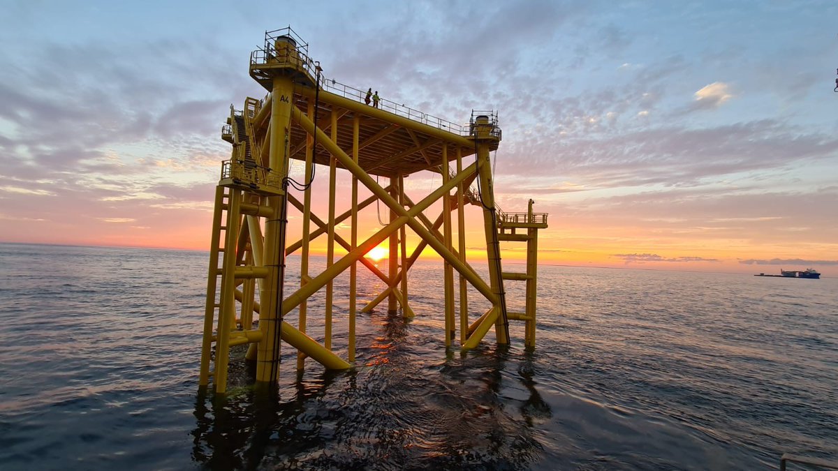 Avangrid's tweet photo. We've completed the installation of the first offshore substation in the U.S.! This critical component will collect the electricity generated by Vineyard Wind 1's turbines and bring it to the onshore power grid: https://t.co/jUU4lzi1Am. https://t.co/DtDwJqx9dq