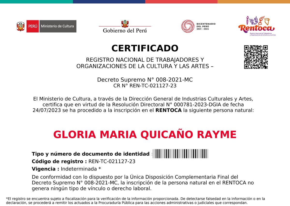 ClasesdCajon's tweet photo. Gracias al Registro Nacional de Trabajadores y Organizaciones de la Cultura y las Artes - Rentoca. Al Ministerio de cultura del Peru, por este reconocimiento a mi trabajo. 
Que Viva el Peru. 

Feliz 28! 
#gloriaquicaño #cajonperuano #ministeriodeculturadelperu #rentoca #feliz28 https://t.co/d6pYCQ8fuu