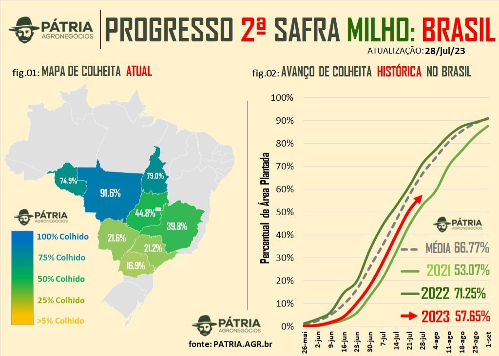 COLHEITA 2ª SAFRA: A colheita do milho 2ª Safra no Brasil atingiu 57,6% nesta última semana; contra  71,2% no ano passado; e 66,7% na média dos últimos 5 anos. 

VISÃO PÁTRIA: Mato Grosso e Tocantins já caminham para fase final da colheita, enquanto atrasos significativos seguem