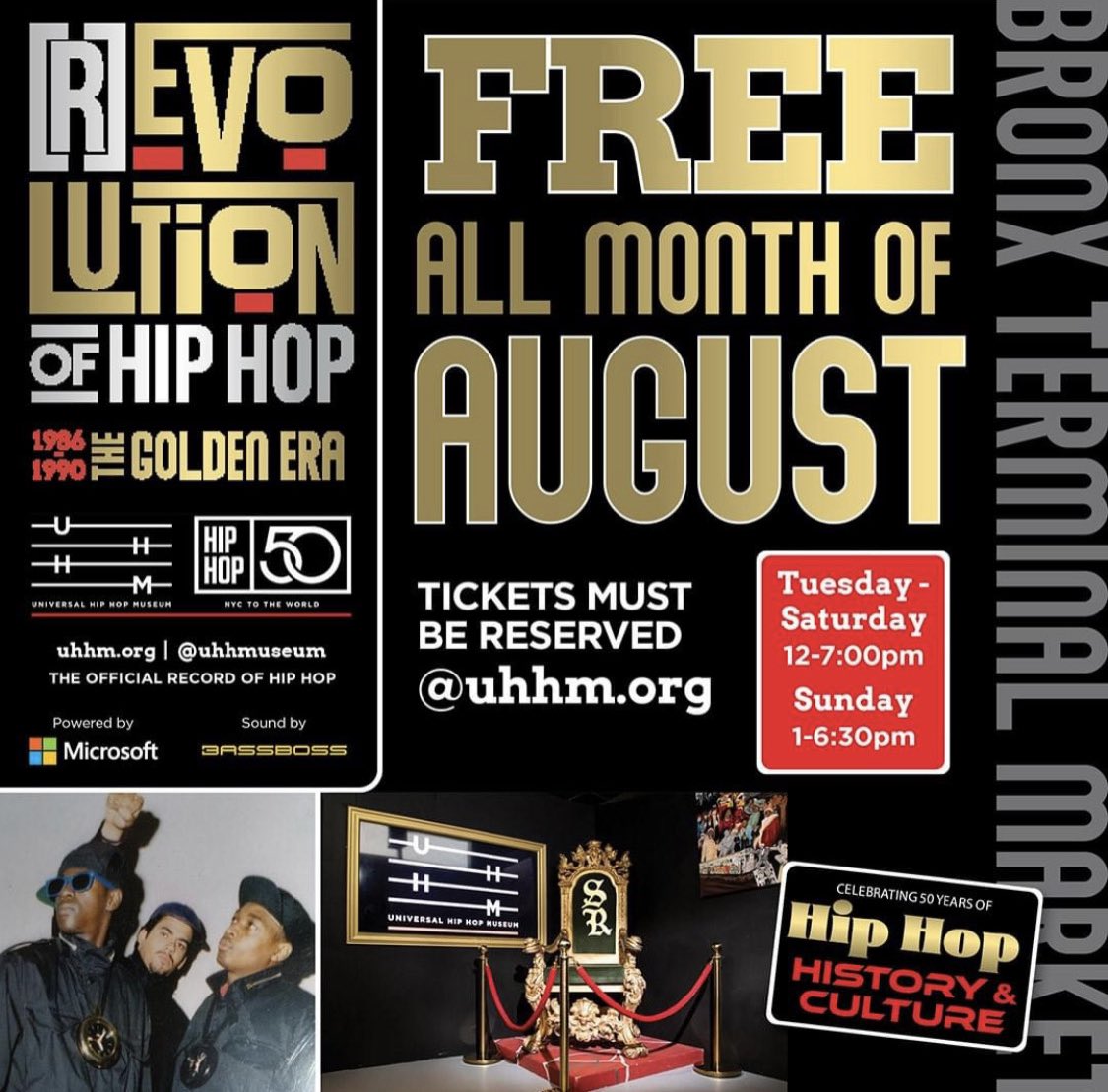 In recognition of Hip Hop's 50th, the [R]Evolution of Hip Hop is FREE for the month of August.

Special guest DJs and surprises. Reserve your FREE tickets now before they are all gone! Click here uhhm.org/revolution-of-…

#UHHM2024 #KnowYaHipHop
#REvolutionofHipHop #HipHop50