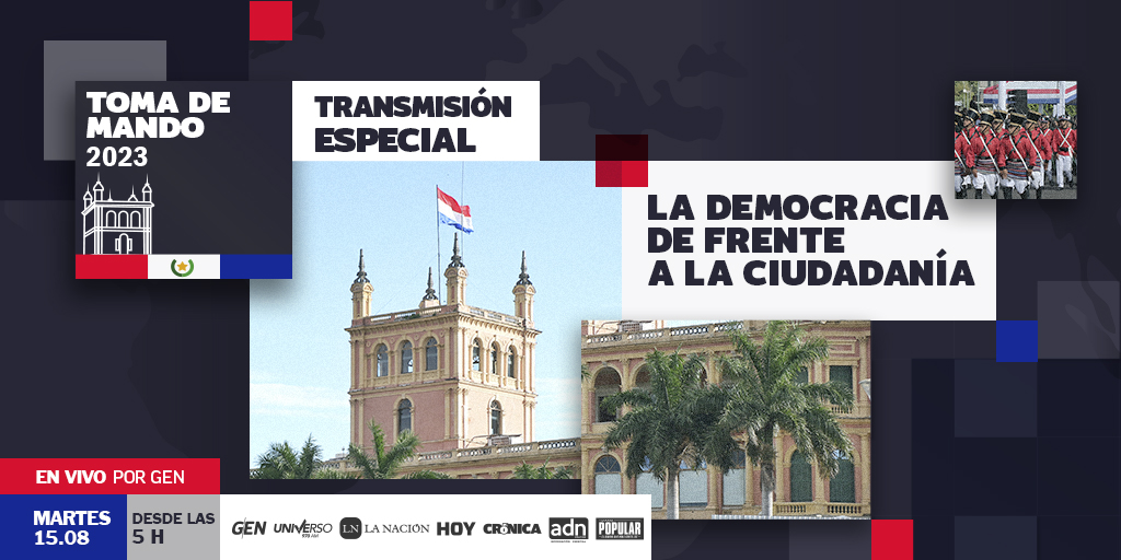 Viví el minuto a minuto de la Toma de mando 2023.

Nación Media prepara una cobertura completa de la asunción al gobierno de Santiago Peña, presidente electo de todos los paraguayos. Transmisiones en directo desde todas las plataformas a partir de las 5 de la mañana.