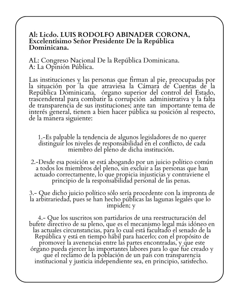 WilsonG15101594's tweet photo. Carta Abierta
.Sr. Presidente Luis Abinader
.Sres. Congreso Nacional
.A la Opinión Pública
#RDTransparente #ResponsabilidadPenal #SenadoRD #PresidenciaRD #LuisAbinader #ContraLaCorrupcion #CamaradeCuentas @luisabinader @CongresoRD @HomeroFigueroaG @huchilora @altagraciasa https://t.co/QIFUCq36Ba