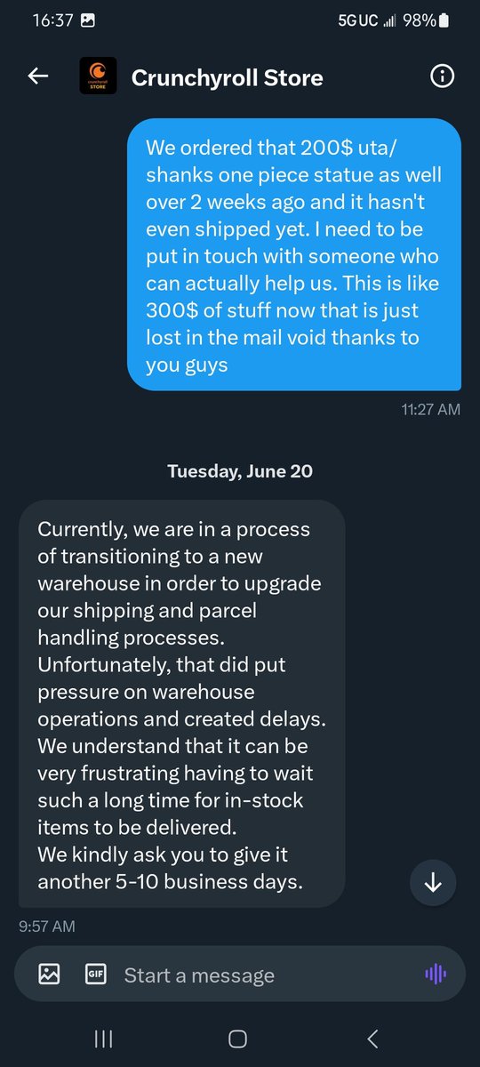 SugoiSummit's tweet photo. DO NOT BUY/ THEY ARE SCAMING YOU ALL 
They have admitted that their shipping wear house IS COMPLETLY AT HAULT multiple people have been waiting for MONTHS for "in stock item's" and @ShopCrunchyroll is still accepting your money and FORCING  you to wait for your items forever https://t.co/7xkT0we7If