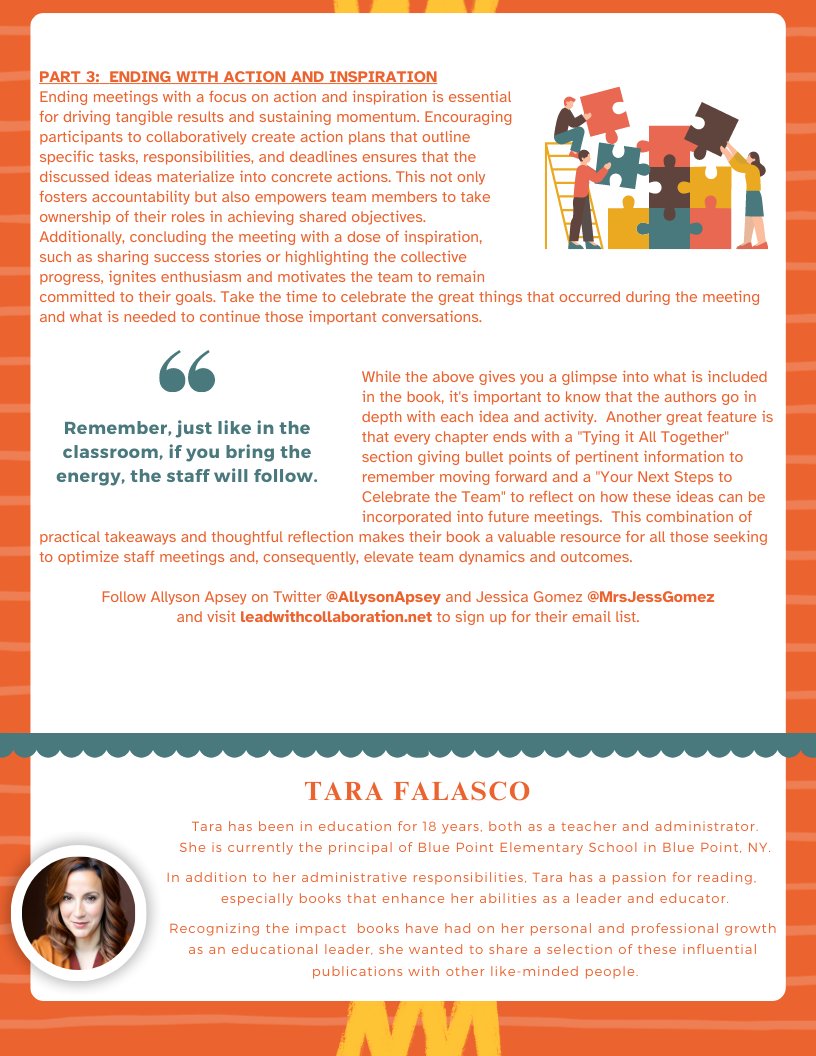 A great read for those who want to transform your staff meetings. The book is filled with innovation, activities, ideas and lots of heart. #leadwithcollaboration @AllysonApsey @dbc_inc @burgessdave @naesp