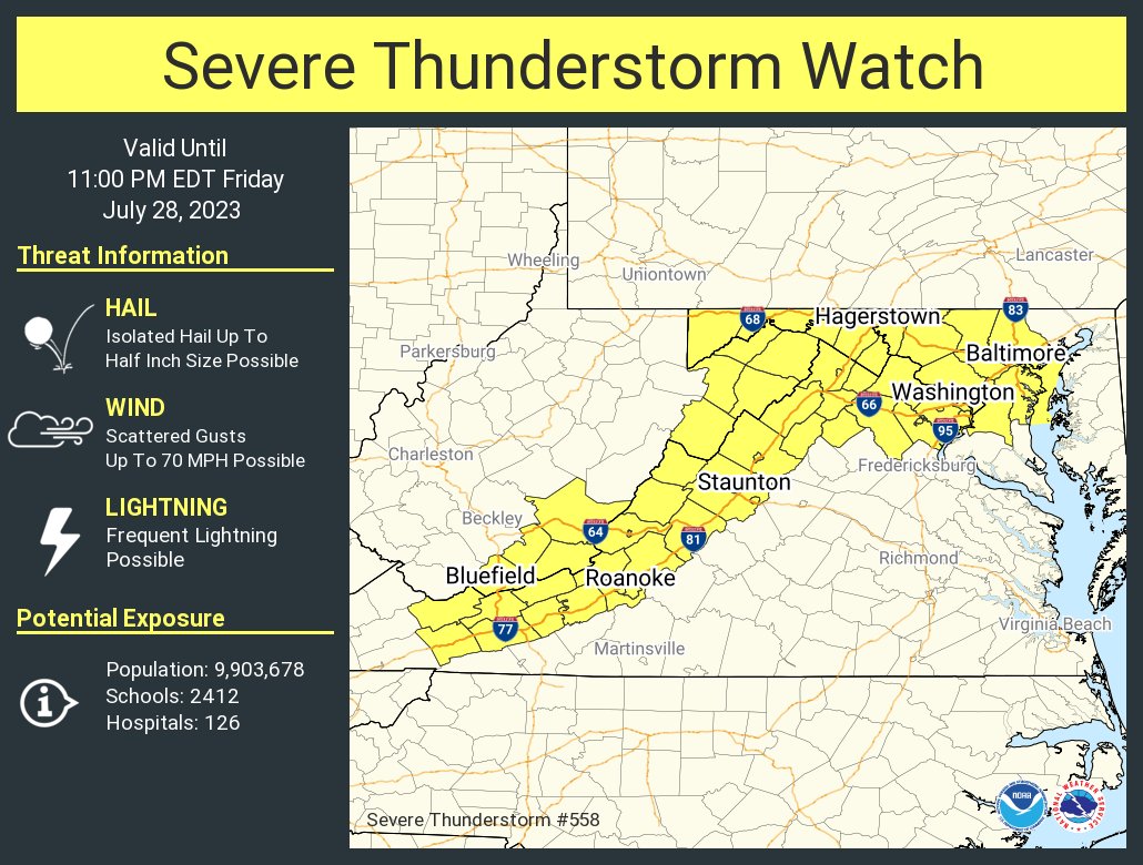 A severe thunderstorm watch has been issued for parts of District of Columbia, Maryland, Virginia and West Virginia until 11 PM EDT