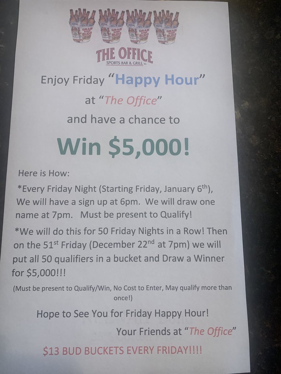 OfficeTavern7's tweet photo. Come out to our Friday Happy Hour’s for a chance to win $5000!! Final Drawing will be held on December 22nd! See you at The Office! https://t.co/Vd5jDKv1R5