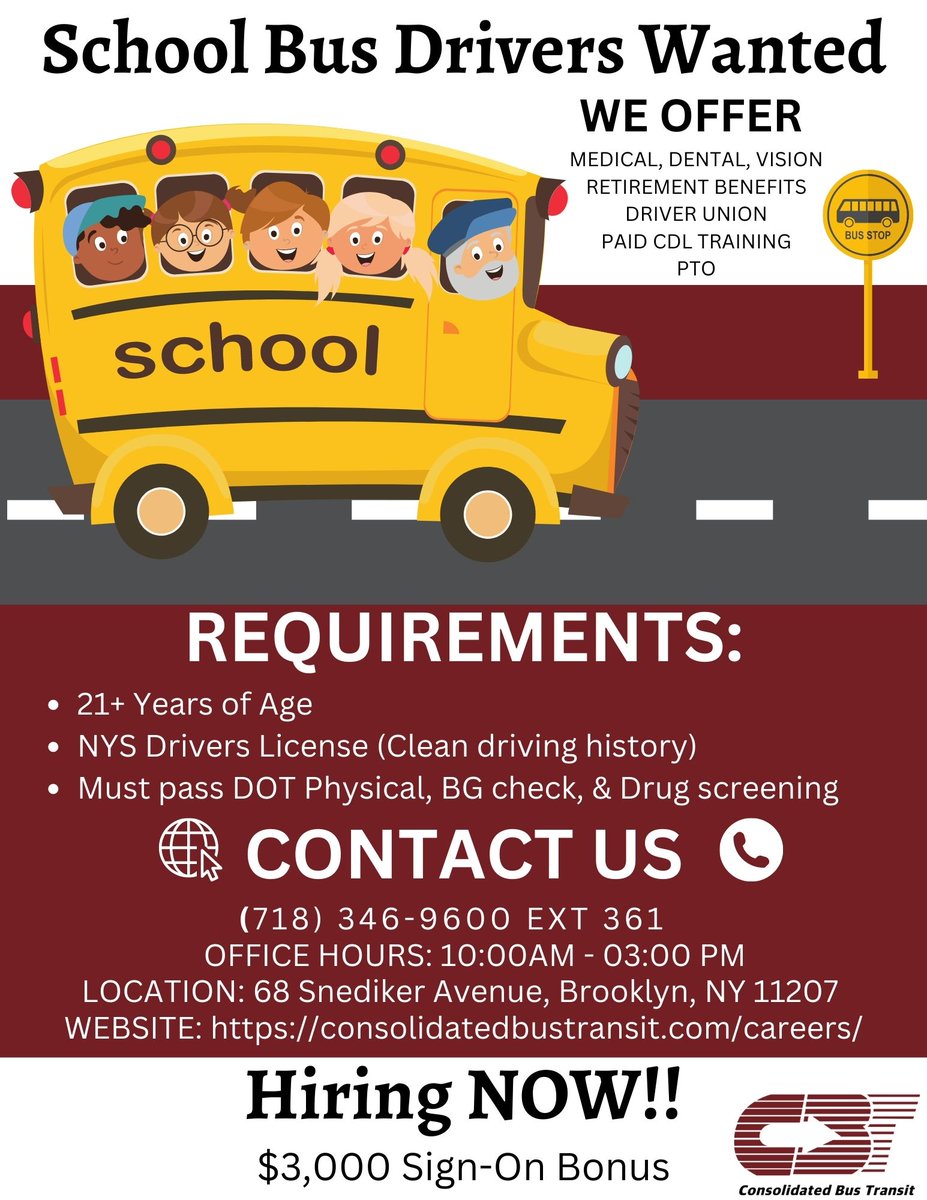 Consolidated Bus Transit could be your next career move! 
 Make sure to apply and give us a call to see how you can become a part of the team 😄
#hiring #careers #schoolbus #busdriver #NYC #Brooklyn #Bronx #veterans #NewYorkCity #jobopportunity #comejoinus #applynow #jobseekers