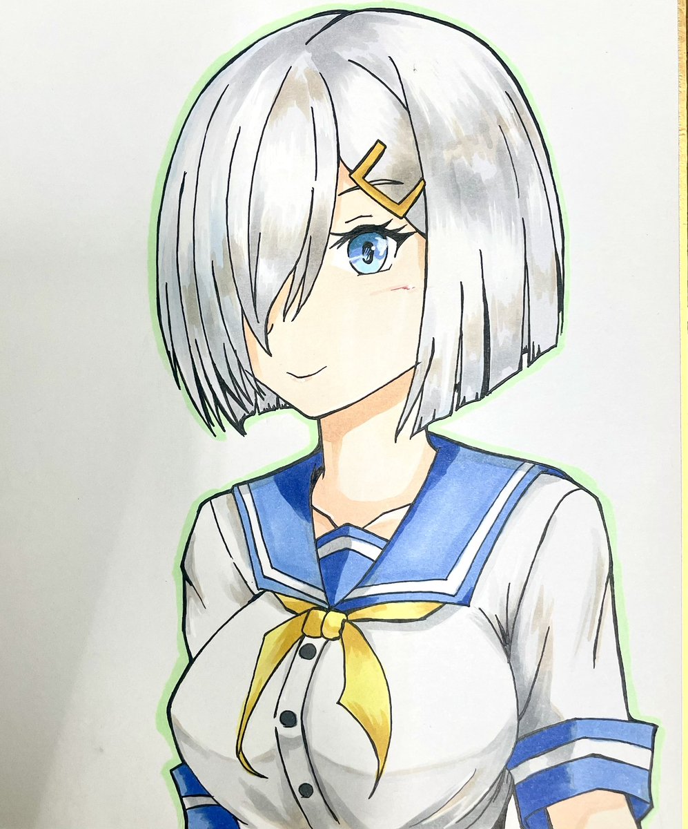 hamakaze (kancolle) 1girl solo hair over one eye school uniform blue eyes hair ornament hairclip  illustration images