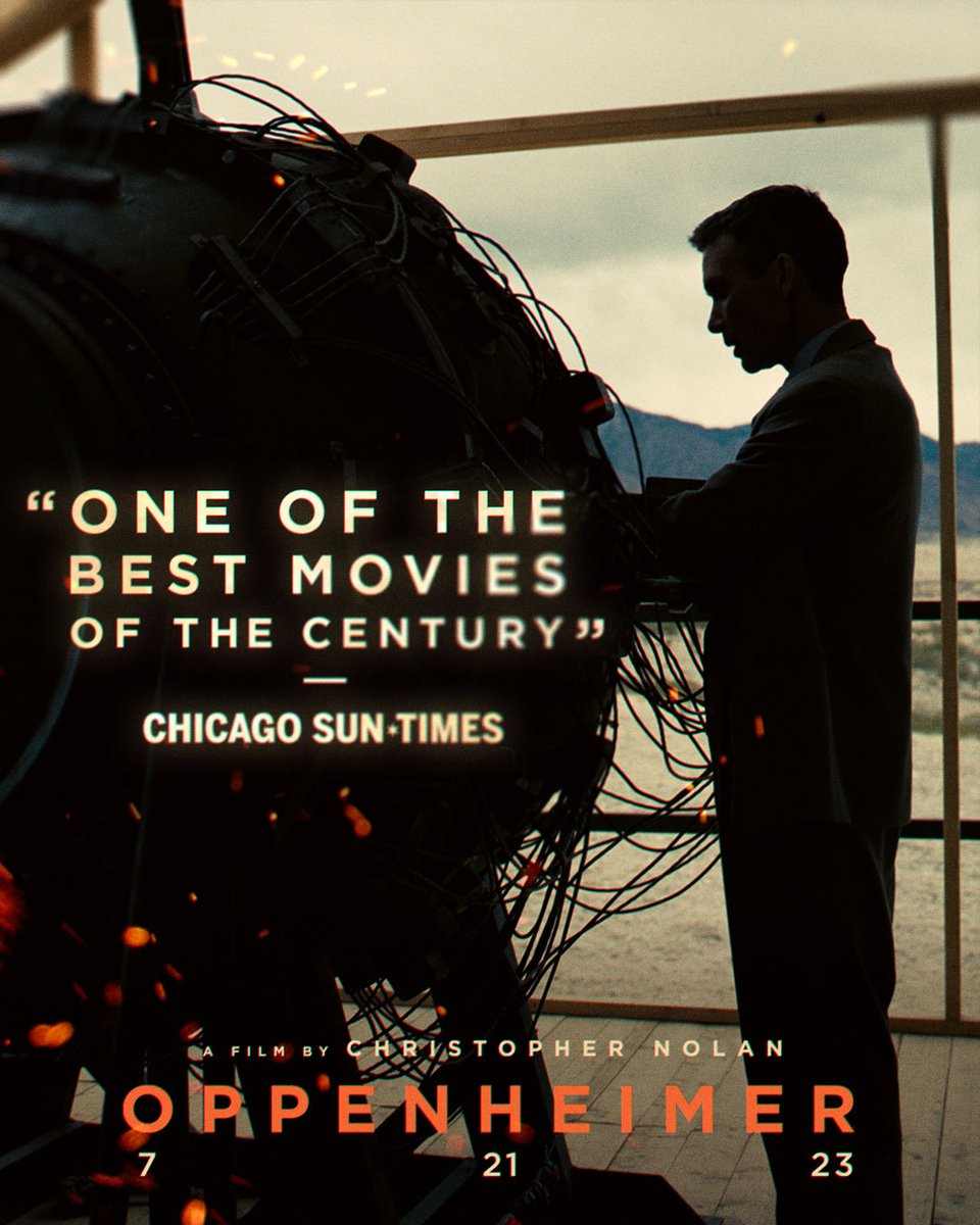 OppenheimerFilm's tweet photo. "One of the best movies of the century." - Richard Roeper / The Chicago Sun-Times. 

Get tickets now to see #Oppenheimer on the largest screen possible. https://t.co/44J4Xk0WPW https://t.co/LyuOrCqAtD