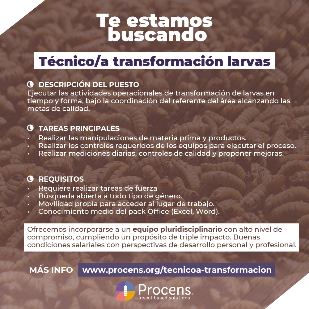 Estamos buscando una persona para incorporarse a un equipo unido y dinámico 🐛🌍

Ofrecemos buenas condiciones de contratación, un buen clima y ambiente laboral.

👉 Si te interesa manda tu CV a procens.org o directamente a rrhh@procens.org