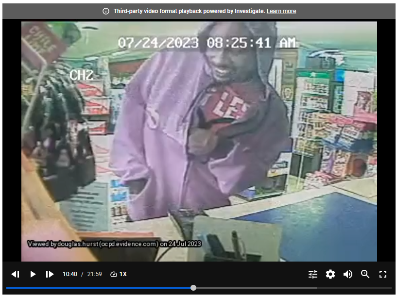 OKCPD's tweet photo. These are pics from an armed robbery of a store near NW 30th and Walker. The lighting is off causing the black hoodie the suspect is wearing to appear pink. The hoodie is definitely black. If you have info, call Crime Stoppers at 405.235.7300. 23-52914 https://t.co/E0jFuSj1Rq