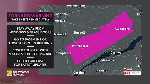 weathernetwork's tweet photo. A TORNADO WARNING has been issued in ONTARIO for:

- Maxville - Alexandria
- Winchester - Newington

Take shelter immediately. 
#ONstorm #ONwx https://t.co/772xZfoblf