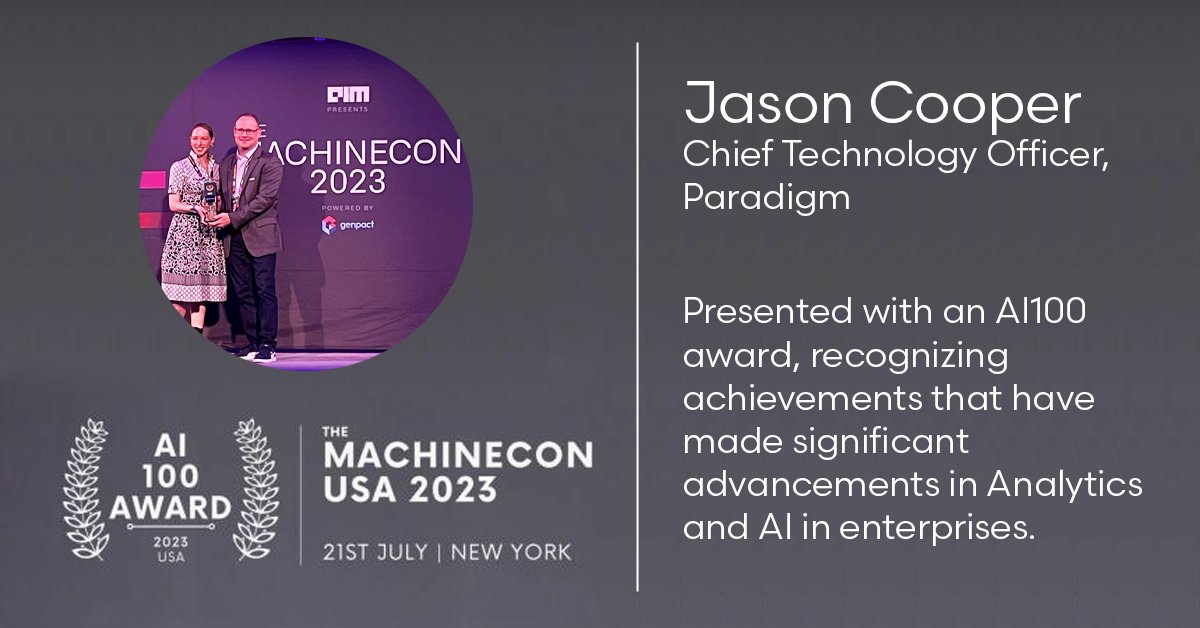 ParadigmSays's tweet image. Congratulations to Jason Cooper on being named one of the 100 Most Influential AI Leaders at #MachineCon2023! His work in analytics at Paradigm has helped us continue to improve outcomes for our injured workers. . #AIinnovatorAward #dataanalytics #employeespotlight