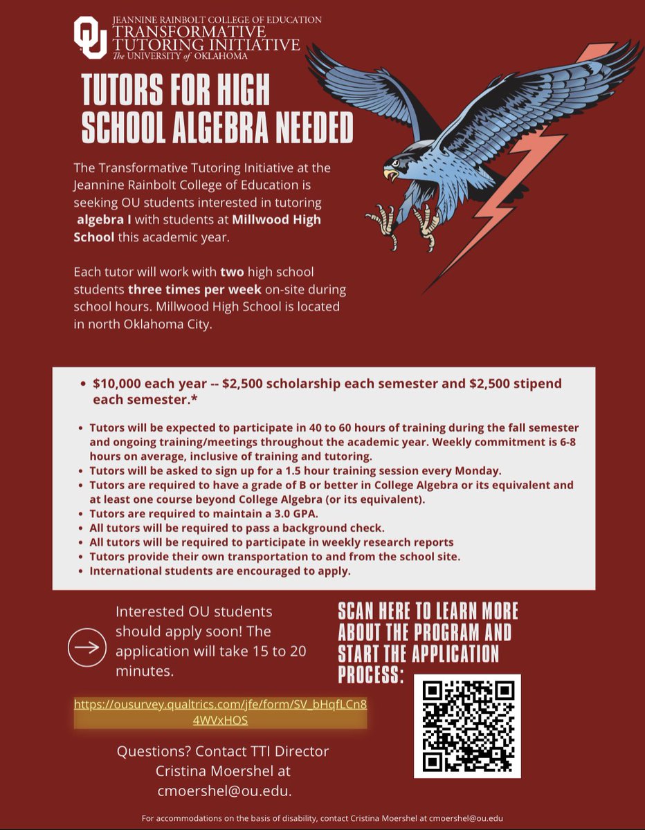 🗣️Tutoring opportunity! Engaging with the local community is very important. Apply to be high school algebra tutor today! See photo for more information. 

Application: ousurvey.qualtrics.com/jfe/form/SV_bH…