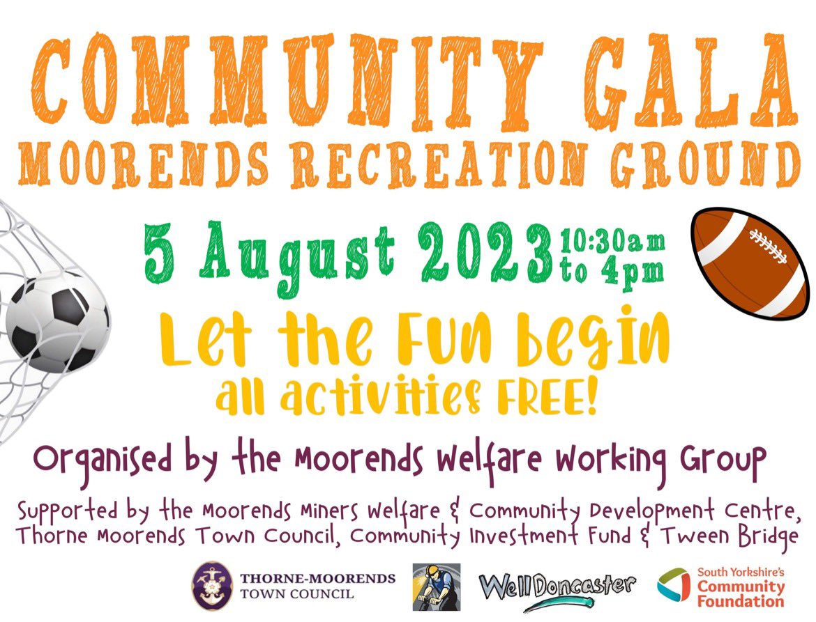 Moorends Community Gala! Going to be a great day with lots of FREE activities! Thank you to @SYCF1986 @Michelle_SYCF @RuthEWillis @WellDoncaster @MinersCdc @TMTC_events & all the work done by the volunteers of the Moorends Welfare Working Group for making this happen! #Moorends