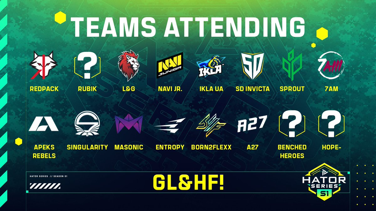 Now we are finally ready to show the full list of teams!

1️⃣<a href="/RedPackEsports/">REDPack Esports</a>
2️⃣RUBIK
3️⃣@l_g_cybersport
4️⃣<a href="/navijunior/">NAVI Junior</a>
5️⃣<a href="/iklagg/">IKLA</a>
6️⃣<a href="/sdinvicta/">sdinvicta</a>
7️⃣<a href="/sproutGG/">Sprout</a>
8️⃣<a href="/Team7AM/">Team 7AM</a>
9️⃣<a href="/apeksgg/">Apeks</a>
1⃣0⃣<a href="/SNG_Esports/">Team Singularity</a>
1️⃣1️⃣<a href="/MasonicGG/">MASONIC</a>
1️⃣2️⃣<a href="/EntropyGaming/">Entropy</a>
1️⃣3️⃣born2flexx
1️⃣4️⃣<a href="/a27_team/">Esport Team A27</a>
1️⃣5️⃣BenchedHeroes
1️⃣6️⃣Hope-