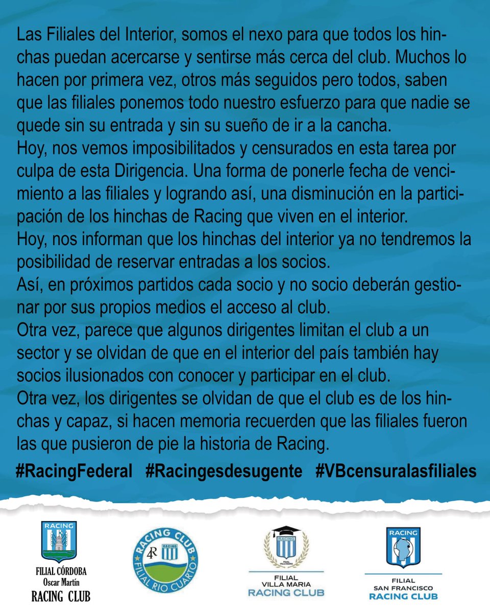 Racing es de su gente y como todas las filiales vamos a luchar para que asi sea siempre. 

#RacingEsDeSuGente
#Racingfederal
#VBcensuralasfiliales