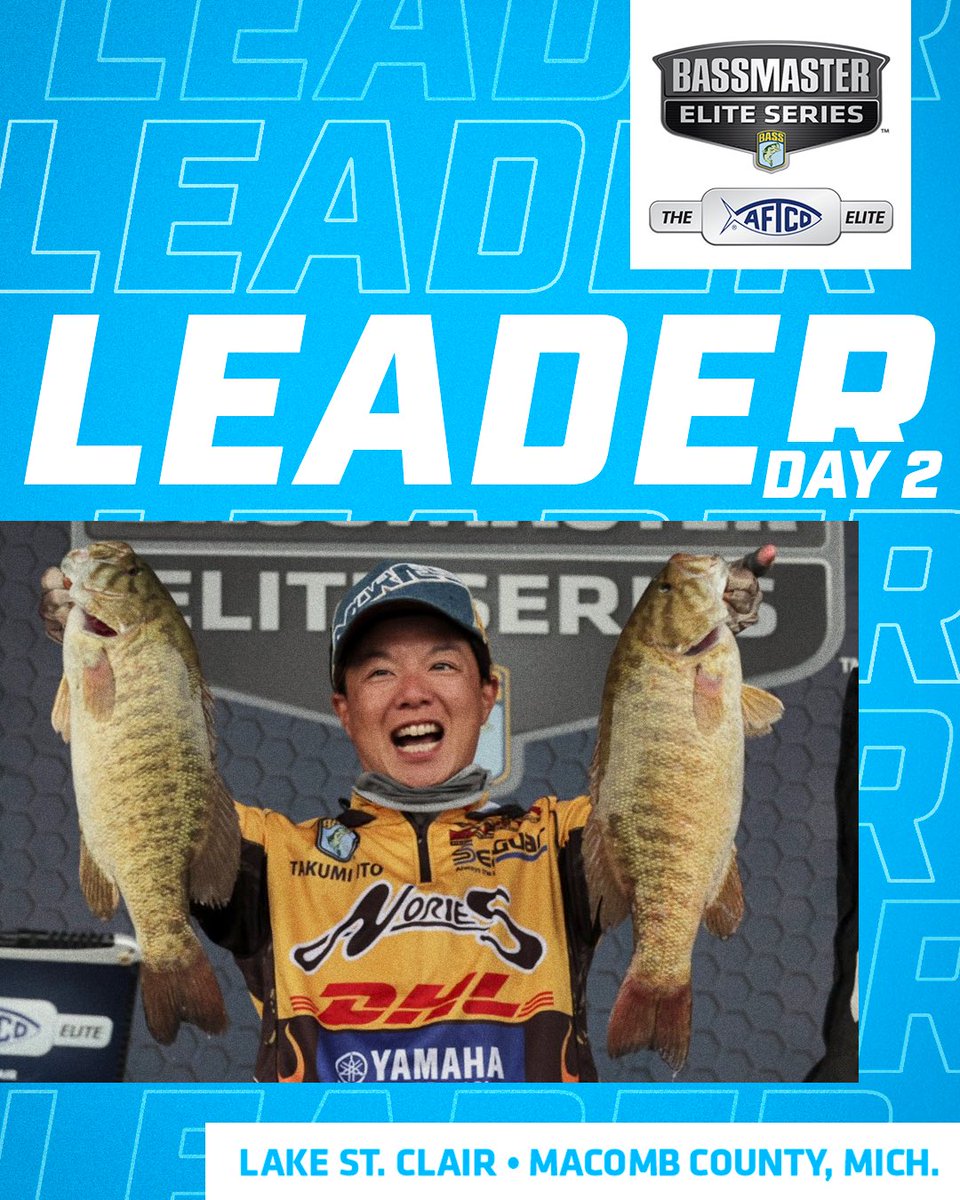 bassmaster's tweet photo. Taku Ito secures the Day 2️⃣ lead at the 2023 @AftcoFishing Bassmaster Elite at Lake St. Clair with a total weight of 47 pounds, 4 ounces!
#Bassmaster #BassElite #Day2Leader #AFTCO https://t.co/hLXpzYrhrr