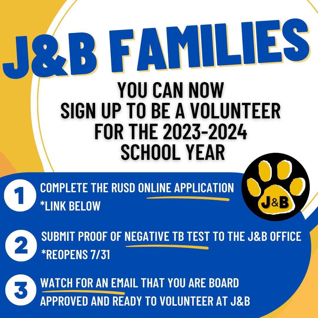 Let's gear up for the 2023-2024 school year!

J&amp;B Families, we would be delighted to have you team up with us as a volunteer at J&amp;B this year. Whether it is helping in a classroom, attending a field trip, helping with an on campus activity, and so much more ... we welcome you!