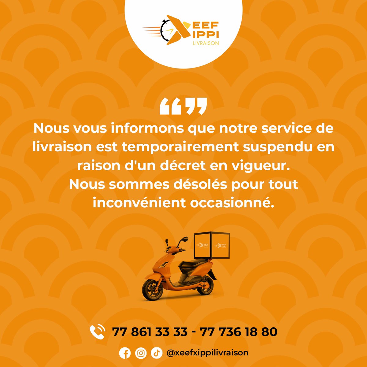 xeefxippicolis's tweet photo. Bonsoir,

Notre service de livraison est suspendu jusqu’au Lundi 31 Juillet à 00h. https://t.co/4kczX0D9VA