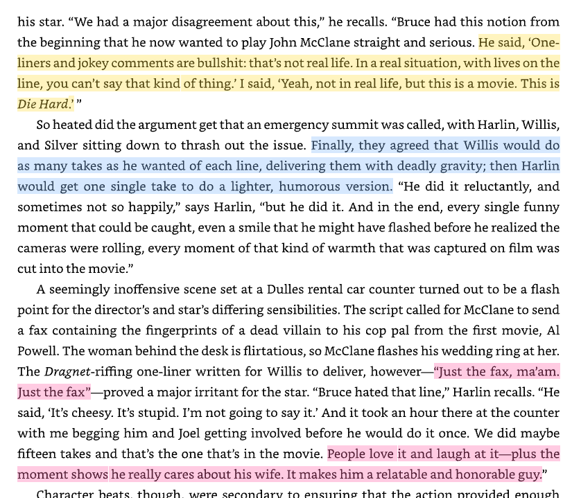 activerecall's tweet photo. @TrungTPhan A different version of making the same film twice:

Bruce wanted John McClane to be more serious in Die Hard 2. They let him record serious takes of lines as long as he would do one lighthearted take.

Then they used all the lighter ones

(From "Last Action Heroes") https://t.co/3fdC1yFpYG