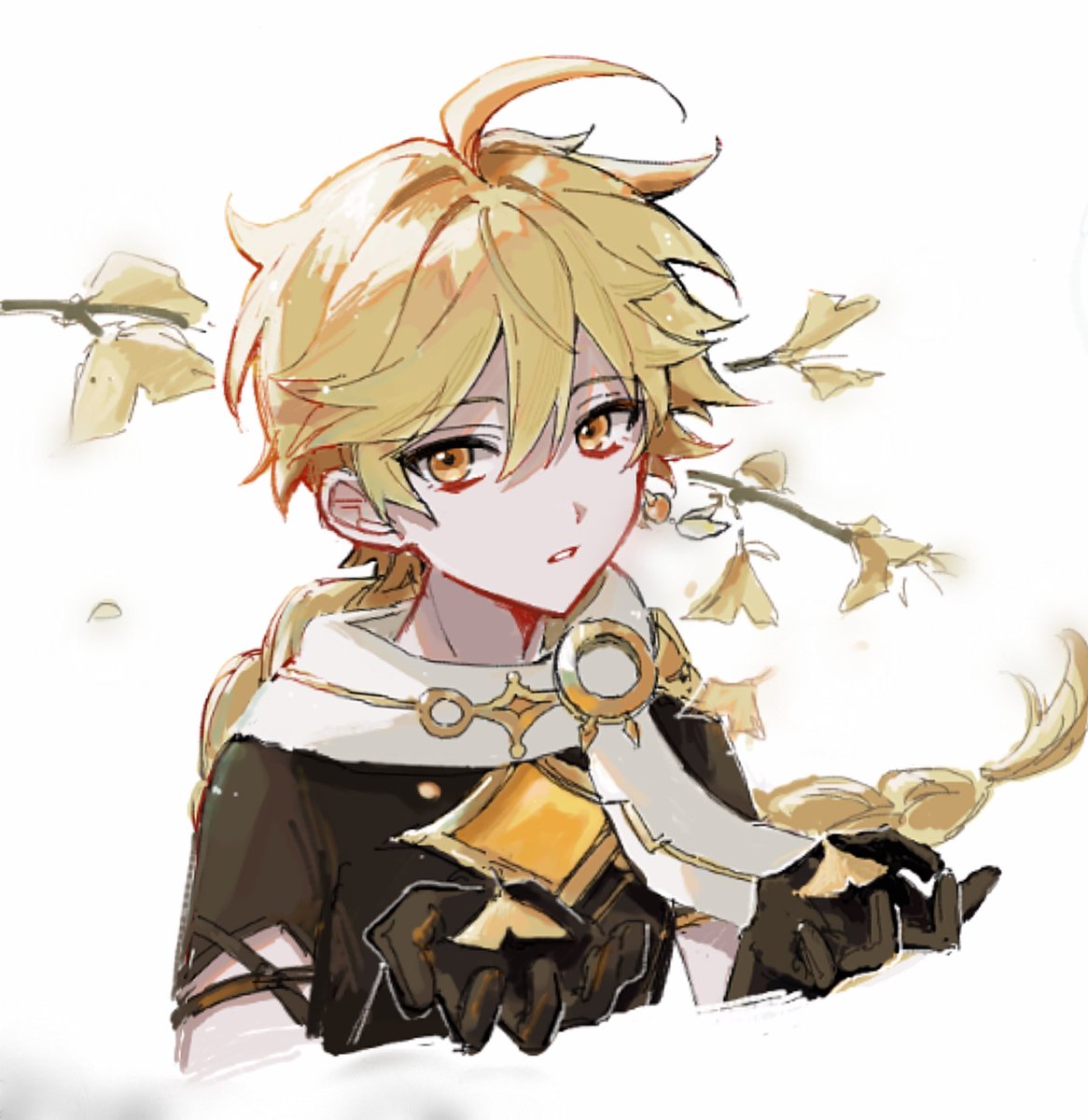 aether (genshin impact) 1boy male focus blonde hair gloves earrings braid long hair  illustration images