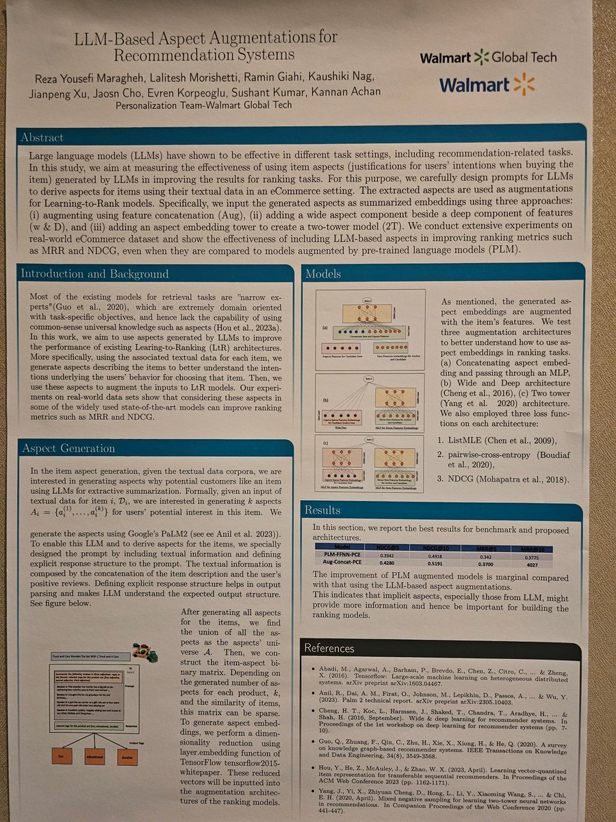 dylan522p's tweet photo. Walmart used an LLM (PaLM-2) generated embeddings for their DLRM to make product search better on https://t.co/dXWRG9d6Qa
They are about to push this out into their live website because the results were so good.
Noteworthy other firms have already done this such as Google https://t.co/mcQsruyc3d