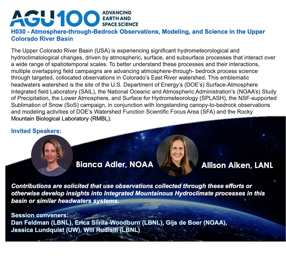 Still looking for an #AGU23  session before next week's abstract deadline? Consider one of these two sessions on integrated mountain hydroclimate research.