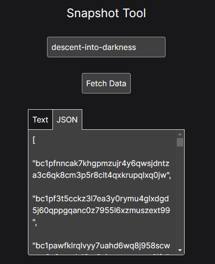 anOrdinalsRPG's tweet photo. snapshot web tool complete! just enter the ticker from the magic eden link to take the snapshot (it can take a while on large collections)

try it out here: https://t.co/DG1LuyGOzg

#Bitcoin #Ordinals https://t.co/XrVhZ0kpOg
