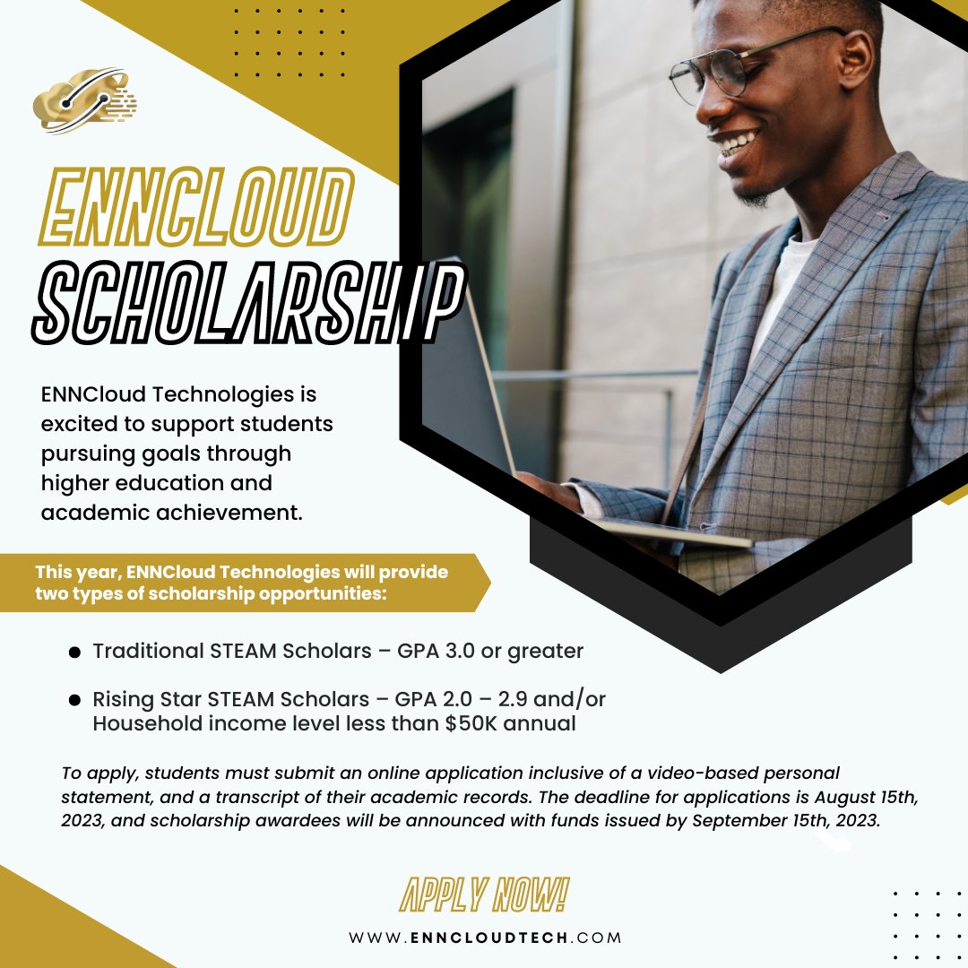 Enncloudtech's tweet photo. As a company who is committed to investing in the future of their communities, we are proud to present the ENNCloud Scholarship! 

The deadline to submit an application is August 15th. Click the link to learn more and apply https://t.co/7K5eYi3o1O https://t.co/LVHqR8aQ0T