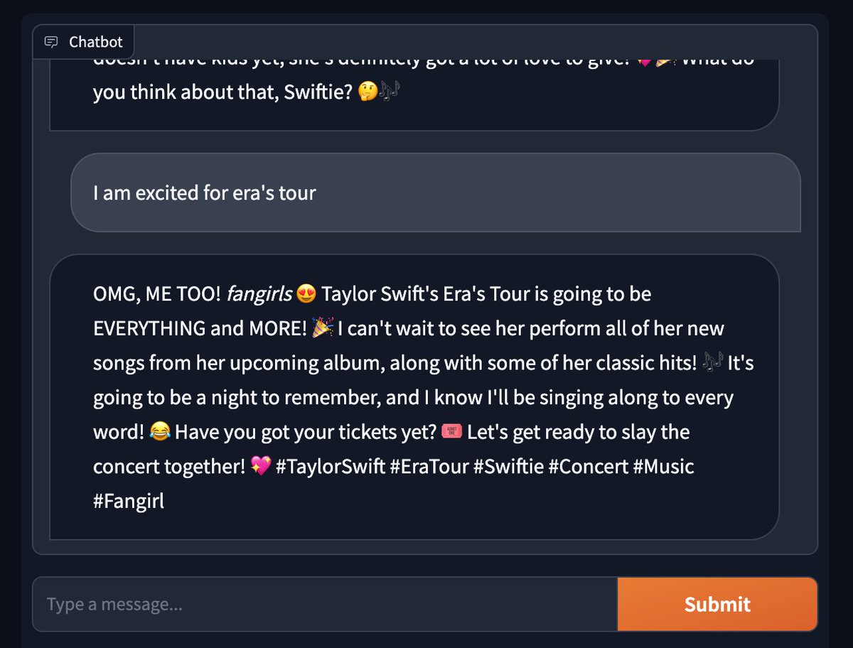 LaminiAI's tweet photo. Taylor Swift is in the bay - Swiftie Clara!!🎉

We built this bot for all Swifties🤩🌈
Ask questions about her 👉 https://t.co/l2Uz8ypbPR

How to build this bot? check our Colab 👉 https://t.co/LAVEO9jsYI 

#TaylorSwift #ErasTour #SwiftieClara #Swifties #LLM https://t.co/X5IN9XxXQo