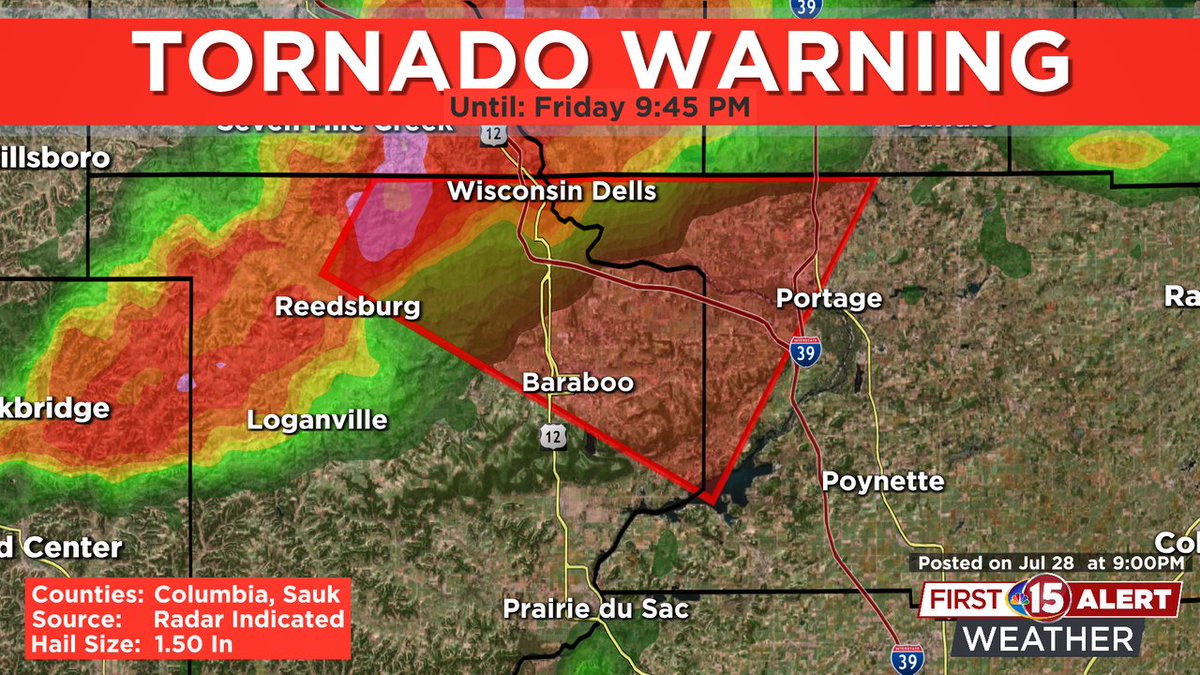 wmtv15news's tweet photo. A TORNADO WARNING has been issued for Sauk, Columbia counties until 28 Jul 9:45PM. Seek shelter now! Tune in to NBC15 for the latest updates. https://t.co/KaFLYC1JsT